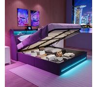 Topcase Cama de 160 x 200 cm, con somier, tapizada, LED, cama hidráulica con baúl de madera con espacio de almacenamiento y cabecero, para 2 personas, camas para adultos (gris, 160 x 200)