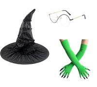 Topcosplay Juego de guantes unisex con sombrero de bruja, gafas y guantes negros para disfraz de Halloween