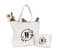 TOPDesign Bolsa de lona con inicial, bolsa de regalo personalizada, adecuada para bodas, cumpleaños, playa, vacaciones, es un gran regalo para mujeres, mamá, maestros, amigos, damas de honor (letra W)