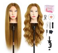 TopDirect Cabeza de entrenamiento de 66 cm, 80 % pelo real, maniquí de peluquería con soporte de abrazadera de mesa + juego de trenzas (pelo dorado + ojos azules)