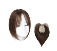 Tope de pelo humano natural de 10 pulgadas con flequillo para mujer, 3 clips, 10 x 12 cm, tope base de seda que añade volumen al cabello (marrón con flequillos)
