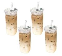 Topes de vidrio cuadrados con tapas y pajitas, vasos para beber resistentes a la temperatura de 4 piezas, gafas de bebidas reutilizables de 400 ml para el hogar y la cafetería