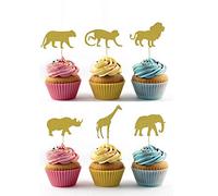 Topfun 24 unidades de decoración para cupcakes con diseño de elefante, león, jirafa, rinoceronte, mono, con purpurina dorada, para baby shower, niños, fiesta de cumpleaños