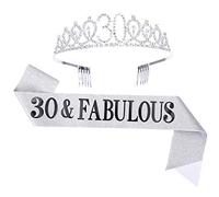 Topfunyy Juego de tiara y banda de 30 cumpleaños - 30 y fabulosa banda plateada de cristal corona regalo de cumpleaños para mujeres suministros de fiesta de 30 cumpleaños