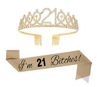 Topfunyy Juego de tiara y banda para cumpleaños número 21 - 'I'm 21 Bitches' brillante oro banda de cristal corona regalo de cumpleaños para niñas 21 cumpleaños suministros de fiesta