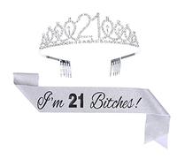 Topfunyy Juego de tiara y faja para 21 cumpleaños, con texto en inglés «I'm 21 Bitches», corona de cristal, regalo de cumpleaños para niñas, suministros de fiesta de 21 cumpleaños