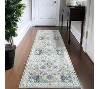 TOPICK Alfombra de pasillo 60 x 150 cm, color azul claro, floral, lavable, superfina, plegable, vintage, alfombra de flores, de pelo corto, alfombra oriental para cocina, entrada, oficina