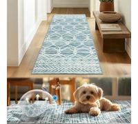 TOPICK Alfombra de pasillo lavable, estilo bohemio, entrada marroquí, de pelo bajo, geométrico, antimanchas, antideslizante, ultrafino, para cocina, granja, baño, puerta, 60 x 180 cm, azul