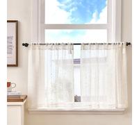TOPICK Cortinas de Cocina Translúcidas Brise Bise, Cortas Paquete de 2, con Pompones Blancos 65An x 60Al cm con Bolsillo para Barra, Adecuadas para Armario, Ventana, Salón, Debajo del Fregadero