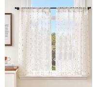 TOPICK Cortinas de Cocina Translúcidas Brise Bise, Cortas Paquete de 2, con Pompones Multicolor 65An x 90Al cm con Bolsillo para Barra, Adecuadas para Armario, Ventana, Salón, Debajo del Fregadero