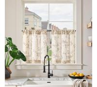 TOPICK - Cortinas de lino para cocina, 65L x 60A cm, motivo floral, estilo rústico, cortinas semitransparentes para bistró, para primavera, cocina, juego de 2 piezas, marrón sobre blanco