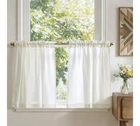 TOPICK Cortinas Translucidas de Lino 2 Piezas Estilo Cortinas Rústico Natural Ideal para Cocina, Comedor y Dormitorio Ventanas Cortas Pasante para Varilla 65 x 75 cm (AnchoxAlto), Blanco