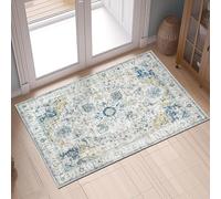 TOPICK Felpudo de 60 x 90 cm, color azul claro, lavable, superfino, plegable, vintage, pelo corto, flor oriental, alfombra de entrada, alfombra de cocina, para oficina, puerta de casa, patio, pasillo