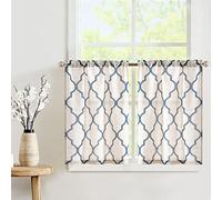 TOPICK Visillo Opaco con Aspecto de Lino y Estampado geométrico marroquí, 65 x 60 cm (Ancho x Alto), para Cocina, Azul sobre Beis