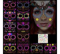 TOPJOWGA 13 Hojas Halloween Tatuajes Temporales de Cara, 12 Hojas Halloween Tatuaje de Cara Luminoso + 1 Hojas Etiqueta Engomada de la Gema, Etiqueta Temporal Cara para Halloween Prop cosplay