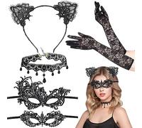 TOPJOWGA 5 Piezas Veneciana Mujer, Máscara Encaje Negro con Orejas Gato, Collar, Guantes, Diadema Orejas Gato, Mascarada Mujer para Halloween Carnaval