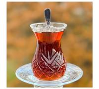 Topkapi - Juego de té turco Deniz-Sultan de 18 piezas para 6 personas │ 6 vasos de té, 6 posavasos y 6 cucharaditas | Diseño de cristal | Juego completo | Embalaje seguro