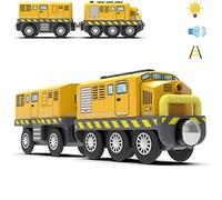 TOPLIVING Juego de tren a pilas para ferrocarriles de madera, potente tren de locomotora (conexión magnética) con faros delanteros y sonido recomendado a partir de 3 años, amarillo