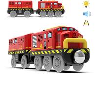 TOPLIVING Juego de tren a pilas para ferrocarriles de madera, potente tren de locomotora (conexión magnética) con faros delanteros y sonido recomendado a partir de 3 años, color rojo