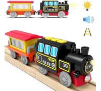 TOPLIVING Juego de Tren de Locomotora a Pilas para rieles de Madera, Potente Locomotora de Tren, vehículos eléctricos con luz y Sonido para niños pequeños, Compatible con Thomas, Brio, Chuggington