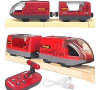 TOPLIVING Tren ferroviario de madera motorizado, tren teledirigido con conexión magnética, trenes locomotores de batería para niños, compatible con Thomas, Brio, Chuggington (rojo)