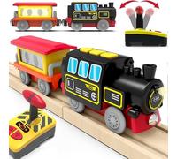 TOPLIVING Tren motorizado para raíles de madera, tren de locomotora a distancia con conexión magnética, funciona con pilas, para niños pequeños, compatible con Thomas, Brio, Chuggington