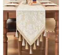 TOPLUXE Camino de Mesa de Tela Floral, Decoración para Mesa de Comedor/Hotel/Restaurante/Festival (33x180cm, Beige & Blanco)
