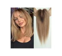 Topper de cabello humano con flequillo para mujer, densidad 150, base de seda, con clip, 35,5 cm añade volumen al cabello (marrón claro Ombre)