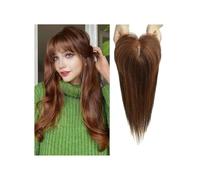 Topper de cabello humano con flequillo para mujer, densidad 150, base de seda, con clip, 35,5 cm añade volumen al cabello (rojo-marrón)