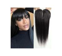 Topper de cabello humano con flequillo para mujer, densidad 150, base de seda, con clip, 35,5 cm añade volumen al cabello (negro)