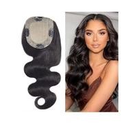 Topper de cabello humano para mujeres, 12 x 13 cm, postizos a base de piel de seda, con 2 bordes de poliuretano y 4 clips, onda negra natural del cuerpo europeo agrega volumen al cabello (45 cm)