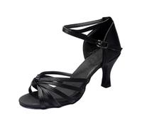 TOPPERFUN Zapatos De Tacón Alto De Satén Negros para Mujer, Estilo Latino Tiras Anudadas, Talla 41, Ideales para Baile y Eventos, Diseño De Tacones Abiertos y Cómodos
