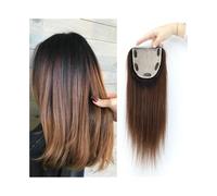 Toppers de cabello humano marrón degradado con base de seda Remy, dos tonos, parte superior de seda, frente de encaje, línea natural, con clips para añadir volumen al cabello (45,5 cm)