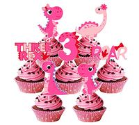 Toppers de la magdalena de dinosaurios para niña, dinosaurio Fiesta de cumpleaños Suministros Chica 3, Pink Baby Girl Cake Topper Roar Three Rex Número 3