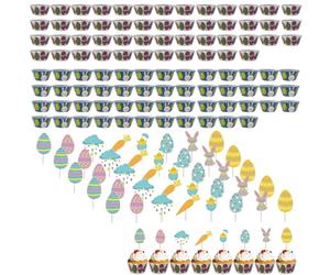 Toppers para cupcakes de Pascua, 100 moldes decorativos con huevos y pollitos, tamaño 50x30mm, incluye 40 adornos de Pascua (huevos de colores, zanahorias, conejos y pollitos) para crear delicios