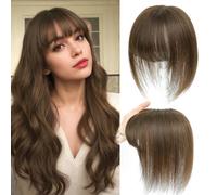 Toppers para el cabello humano para mujer, con flequillo, cosido a mano, cobertura 360 ° 3D, natural para adelgazar el cabello, accesorios para el cabello para mujeres (marrón medio)