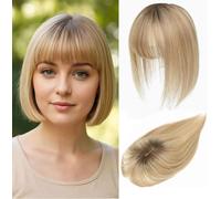 Toppers para el cabello para mujer, de cabello humano real con flequillo, cosido a mano, cobertura 360° 3D, natural para adelgazar el cabello, piezas de pelo para mujeres (marrón medio a rubio helado)
