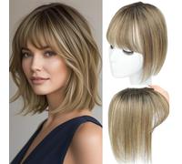 Toppers para el pelo para mujer, de cabello humano real con flequillo, cosido a mano, cobertura 360 ° 3D, natural para adelgazar el cabello, accesorios para mujeres (mezcla marrón medio rubio con raíz