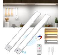 TOPPLEE Luz de Armario, 2 Piezas Luz Nocturna con Control Remoto, 3000K-6500K Regulable Lampara LED con Sensor Movimiento, USB Recargable LED Armario para Gabinete, Cocina, Escalera (2 Piezas 41CM)