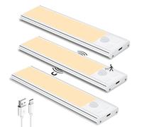 TOPPLEE Luz de Armario, 3 Piezas 3000K Luz Nocturna con Sensor Movimiento, USB Recargable LED Armario para Gabinete, Cocina, Escalera, Pasillo, Sótano, Garaje - Blanco Cálido