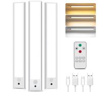 TOPPLEE Luz de Armario, 3 Piezas Luz Nocturna con Control Remoto, 3000K-6500K Regulable Lampara LED con Sensor Movimiento, USB Recargable LED Armario para Gabinete, Cocina, Escalera (3 Piezas 31CM)
