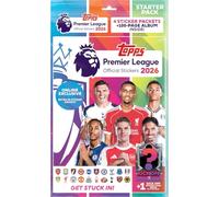 Topps Premier League Stickers 2026 - Starter Pack - Exclusivo en línea. (Incluye un extenso álbum de 96 páginas, 8 paquetes de pegatinas, una tarjeta de pegatinas Kick-Off y un paquete Hero).