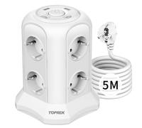 TOPREK Regleta de Enchufes Vertical con Cable 5M, 8 Enchufes Schuko y 2 USB-A y 2 USB-C (USB C1 20W PD3.0 Carga Rapida), 4000W/16A, Proteccion de Sobretension, Blanco