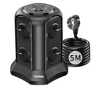 TOPREK Regleta de Enchufes Vertical con Cable 5M, 8 Enchufes Schuko y 2 USB-A y 2 USB-C (USB C1 20W PD3.0 Carga Rapida), 4000W/16A, Proteccion de Sobretension, Negro
