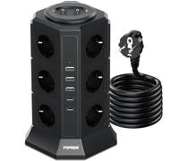 TOPREK Regletas Enchufes Vertical con 2 Interruptor, 12 Schuko, 2 USB C y 3 USB A, 4000W/16A, Regleta Torre Enchufe con Cable 2M, Regleta Enchufes Proteccion Sobretension, Negro