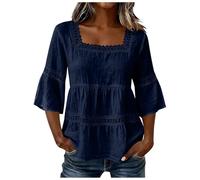 Tops Blusas Camisas Mujer Lino Algodón Color Sólido Manga Corta Cuello V Cuello Cuadrado Encaje Boho Casual Elegante Verano Primavera Holgado Transpirable Playa Vacaciones (Blue, XXL)