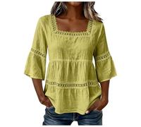 Tops Blusas Camisas Mujer Lino Algodón Color Sólido Manga Corta Cuello V Cuello Cuadrado Encaje Boho Casual Elegante Verano Primavera Holgado Transpirable Playa Vacaciones (Green, M)