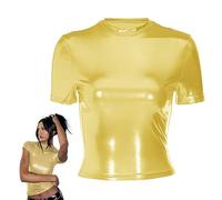 Tops brillantes para mujer, camiseta holográfica metálica de manga corta ajustada, blusa de fiesta con cuello simulado parte superior recortada brillante, blusa de camiseta discoteca brillo brillante