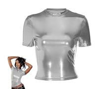 Tops brillantes para mujer, camiseta holográfica metálica de manga corta ajustada, blusa de fiesta con cuello simulado parte superior recortada brillante, blusa de camiseta discoteca brillo brillante