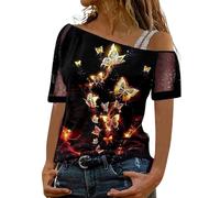 Tops brillantes para mujer, con hombros descubiertos, camisetas de moda con estampado de mariposas, trajes sexys para bailar, rave, casual, para salir, con purpurina, para fiestas, malla brillante